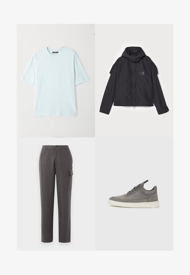 Μαύρο μπουφάν με κουκούλα, κατασκευασμένο από λεία ύφανση. Διαθέτει φερμουάρ μπροστά, πλάγιες τσέπες και διακρίσεις στους ώμους. Απλός σχεδιασμός με ετικέτα.; Απαλή μπλε κοντομάνικη μπλούζα με στρογγυλή λαιμόκοψη, φτιαγμένη από μαλακό ύφασμα. Διαθέτει άνετη γραμμή και ομαλή υφή χωρίς σχέδια ή διακοσμητικά.; Γκρίζες παντελόνες με χαλαρή εφαρμογή, κατασκευασμένες από λεία ύλη. Διαθέτουν κλείσιμο με κουμπί, πλαϊνές τσέπες και μια τσέπη cargo στο πόδι.; Γκρι σουέτ αθλητικά παπούτσια με υφή, διαθέτοντας λευκή καουτσούκ σόλα, στρογγυλά κορδόνια και χαμηλό σχέδιο.