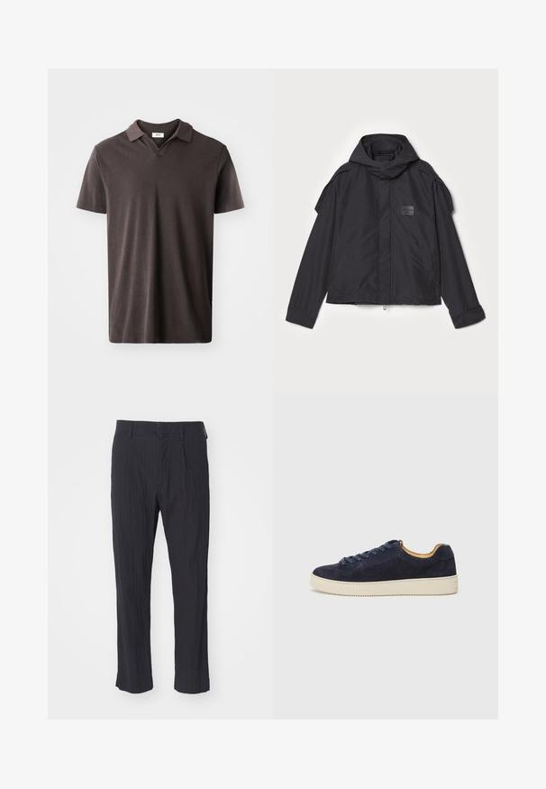 Fekete kapucnis dzseki, sima anyagból készült. Elöl zipzárral záródik, oldalsó zsebekkel és vállrész kiemelésekkel rendelkezik. Egyszerű dizájn jellemzi, címkével.; Sötétbarna rövid ujjú polo ing klasszikus gallérral és finom mintázatú anyaggal, egyenes alsó szegéllyel és minimalista dizájnnal.; Fekete pliszírozott nadrág textúrált anyagból, egyenes lábbal és standard derékpánttal. Nincsenek látható zsebek vagy fémalkatrészek.; Tengerészeti suède alacsony szárú sportcipő kerek orral, törtfehér gumitalppal és hozzá illő fűzőszerkezet; kontrasztos barna belső béléssel rendelkezik.