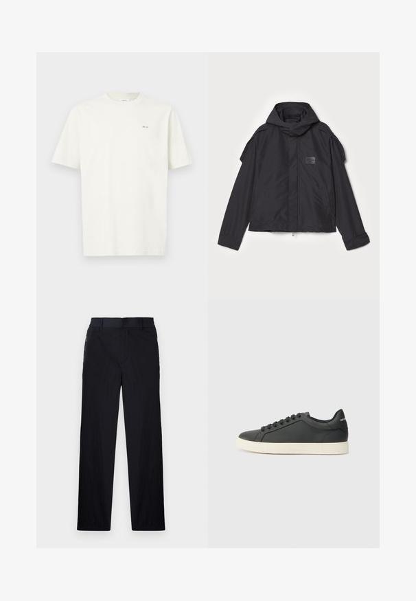 Musthaveheide mustaghuri hoodiga, valge catsosta. Omab esist zip ja külge taskud, õlavarre aksendid. Lihtne disain ja silt.; Üksikasjadeta valge lühikeste varrukatega T-särk, mille vasakul rinnal on väike must tekst "NN. 07", heledal taustal.; Mustad püksid, millel on kerge, tekstuuriga kangas, sirge jala disain, elastne vöökoht ja küljetaskud sipsiga.; Mustmustest musta poolprofiiliga, ümmargune varvas ja paeltega sulgemine; omab tekstureeritud kummist tallat ja logo detaili kontsa peal.