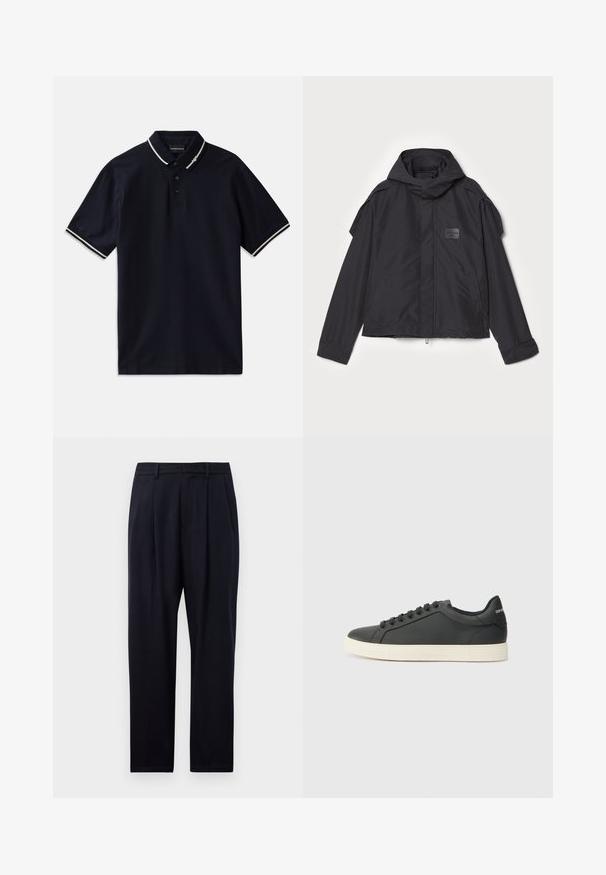 Black jacket with a hood, made of smooth fabric. Features a zip front, side pockets, and shoulder accents. Simple design with a label.; Navy polo shirt made of cotton with a two-button placket, contrasting white collar, and sleeve trims, featuring a smooth texture.; Navy blue trousers in a straight cut, featuring a textured fabric, two front pleats, belt loops, and a zip fly closure.; Black leather sneaker with a low profile, rounded toe, and lace-up closure; features a textured rubber sole and logo detail on the heel.