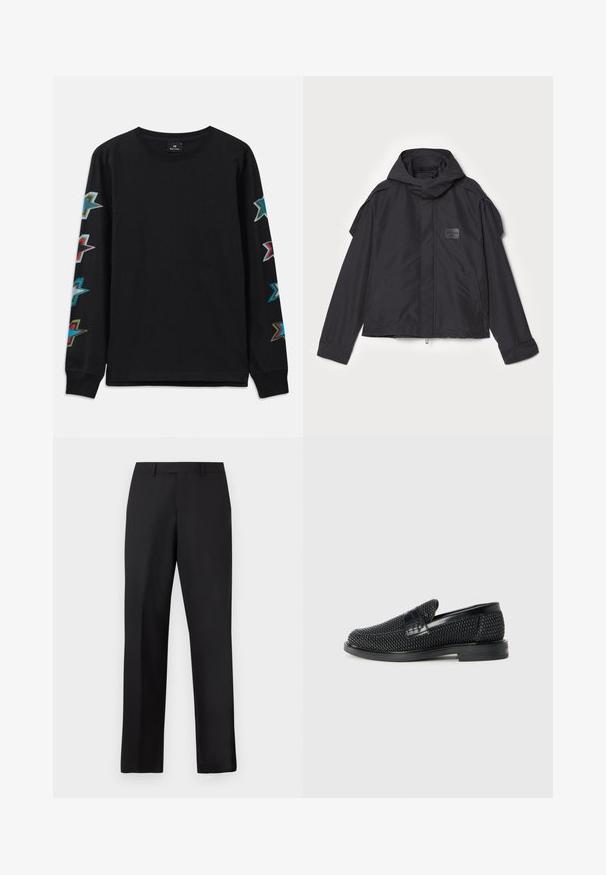 Fekete kapucnis dzseki, sima anyagból készült. Elöl zipzárral záródik, oldalsó zsebekkel és vállrész kiemelésekkel rendelkezik. Egyszerű dizájn jellemzi, címkével.; Hosszú ujjú fekete póló, pamutból készült, színes csillagmintákkal mindkét ujjon és kerek nyakkivágással.; Fekete, egyenes szárú nadrág sima anyagból. Standard derékpánttal rendelkezik, és nincsenek látható minták vagy díszítések.; Fekete szőtt slip-on cipő sima bőr díszítéssel a felsőrészen, kerek orral és alacsony profilos gumitalppal.