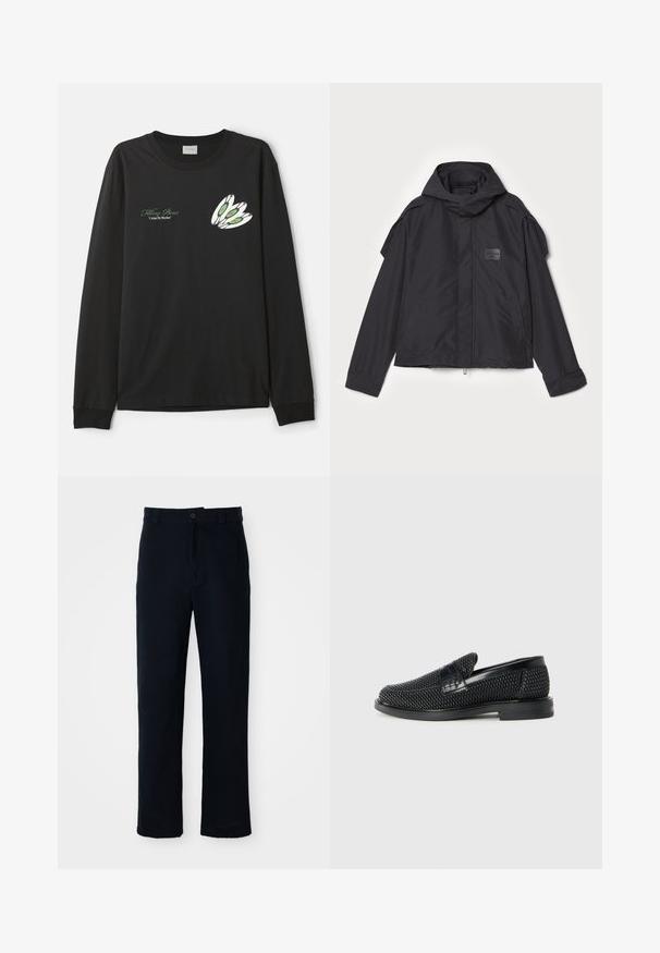 Juodas švarkas su kapišonu, pagamintas iš lygios medžiagos. Yra užtrauktukas priekyje, šoninės kišenės ir pečių akcentai. Paprastas dizainas su etikete.; Juodas ilgomis rankovėmis t-shirt, pagamintas iš medvilnės, su grafiniu dizainu, vaizduojančiu tris baltas plunksnas su žalios ir raudonos spalvos akcentais kairiajame krūtinės šone.; Tamsiai mėlynos medvilninės kelnės, turinčios tiesioginį kirpimą, priekyje užsegamos mygtuku ir klasikine juosta su dirželio kilpom.; Juodas pintas slip-on tipo batelis su lygiu odiniu akcentu viršuje, apvalios nosies dizainas ir žemas guminis padas.