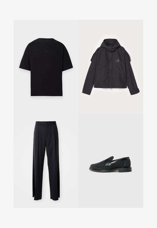 Juodas švarkas su kapišonu, pagamintas iš lygios medžiagos. Yra užtrauktukas priekyje, šoninės kišenės ir pečių akcentai. Paprastas dizainas su etikete.; Juodas trumpomis rankovėmis medvilninis marškinėlis. Turi apvalų kaklo iškirpimą ir subtilų siuvinėtą logotipą ant krūtinės. Lygios tekstūros.; Juodi, aukštai užtraukiami kelnių modeliai su plačiomis kojomis, pagaminti iš lygaus audinio. Yra priekiniai raukšlės ir diržo kilpos. Minimalistinio dizaino, be matomų detalių.; Juodas pintas slip-on tipo batelis su lygiu odiniu akcentu viršuje, apvalios nosies dizainas ir žemas guminis padas.