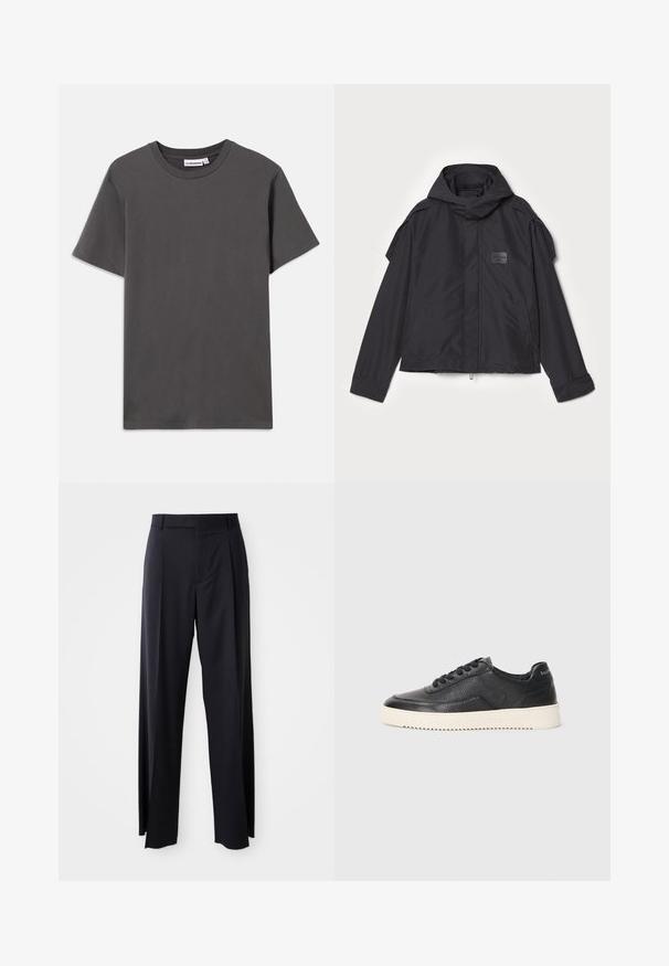 Čierna bunda s kapucňou, vyrobená z hladkej tkaniny. Obsahuje predný zips, bočné vrecká a ramenné akcenty. Jednoduchý dizajn so štítkom.; Jednoduché tmavo šedé tričko s krátkym rukávom a klasickým výstrihom so malou bielou nálepkou značky v golfe na bielom pozadí.; Čierne, vysoké nohavice so širokým strihom, vyrobené z hladkej látky. Obsahujú predné skladby a pútka na opasok. Minimalistický dizajn, bez viditeľnej kovania.; Čierne kožené tenisky s textúrovaným povrchom, okrúhlou špičkou a plochou bielou gumovou podrážkou. Obsahujú čierne šnúrky a značku na päte.