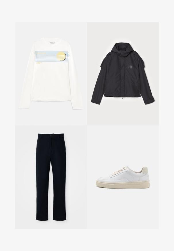 Melna jaka ar kapuci, izgatavota no gludas auduma. Aprīkota ar rāvējslēdzēju priekšā, sānu kabatām un plecu akcentiem. Vienkāršs dizains ar etiķeti.; Balts garām piedurknēm T-krekls ar zilu grafisko joslu, dzeltenu apļa dizainu un tekstu "Holzweiler" un "SUMMER 25 THE SUN." Mīksts kokvilnas materiāls.; Kokvilnas tumši zilas bikses ar taisnu kāju dizainu, priekšējo pogu aizdari un klasisku jostasvietu ar jostas cilpiņām.; Baltie sporta apavi ar gludu ādas augšdaļu, bežām auklām un teksturētu bežā zamša papēdi. Paaugstināta zole papildu augstumam.