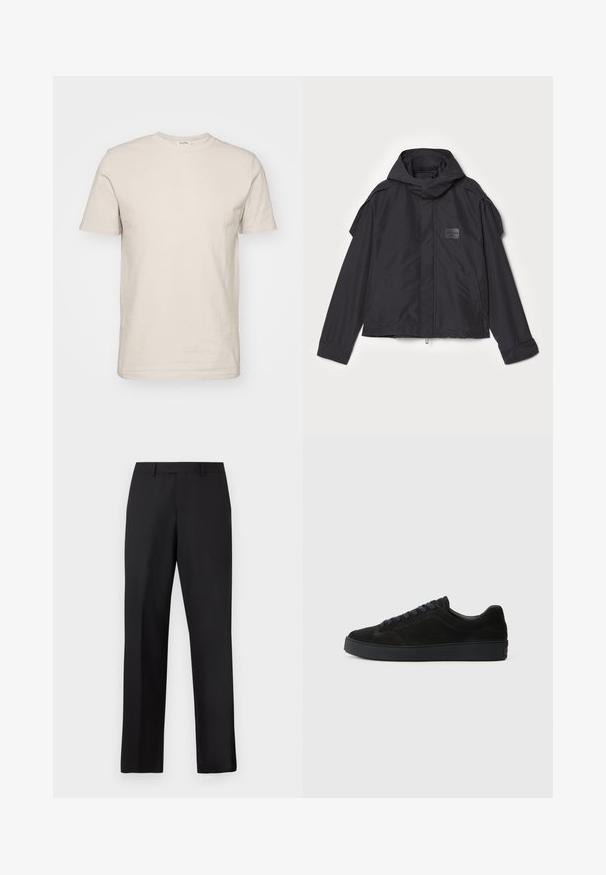 Sort jakke med hætte, lavet af glat stof. Har lynlåslukning foran, sidelommer og skulderdetaljer. Simpel design med et mærke.; Kortærmet t-shirt med rund hals i lys beige bomuld. Har en glat tekstur, standard pasform og et enkelt design uden mønstre eller udsmykninger.; Sorte bukser med lige ben lavet af glat stof. Har en almindelig linning og ingen synlige mønstre eller detaljer.; Sort semsket sneakers med en flad, tekstureret sål, rund tå, seks snørrehuller og et minimalistisk design.
