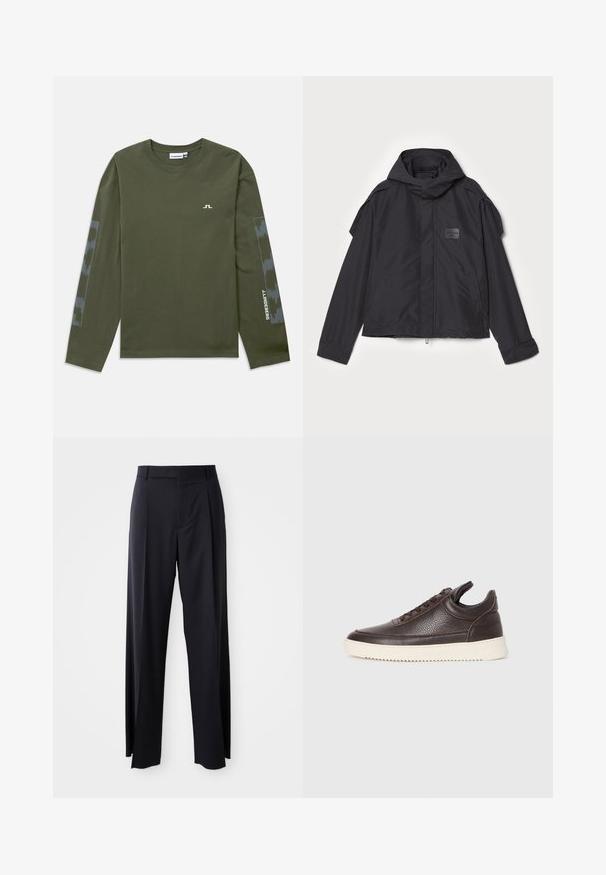 Juodas švarkas su kapišonu, pagamintas iš lygios medžiagos. Yra užtrauktukas priekyje, šoninės kišenės ir pečių akcentai. Paprastas dizainas su etikete.; Ilgų rankovių alyvuogių žalios spalvos marškinėliai, pagaminti iš medvilnės, su mažu baltu logotipu ant krūtinės ir raštuota pilka detale ant rankovių.; Juodi, aukštai užtraukiami kelnių modeliai su plačiomis kojomis, pagaminti iš lygaus audinio. Yra priekiniai raukšlės ir diržo kilpos. Minimalistinio dizaino, be matomų detalių.; Tamsiai rudas tekstūruotas odinis sportbačius su raišteliais ir baltu grioveliu ant gumos pado, pateiktas ant šviesaus fono.
