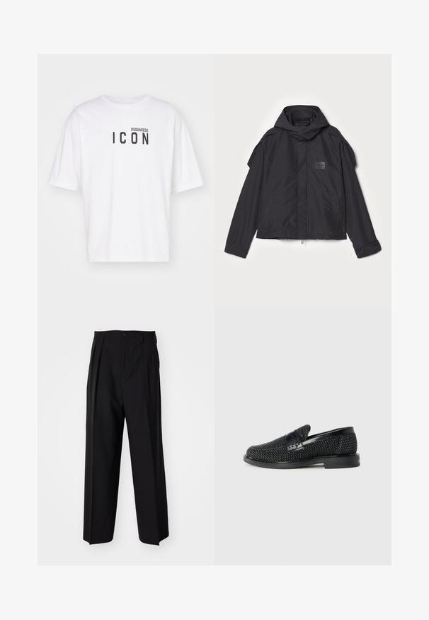 Black jacket with a hood, made of smooth fabric. Features a zip front, side pockets, and shoulder accents. Simple design with a label.; White t-shirt made of cotton featuring a crew neckline and short sleeves, with a black "ICON" graphic and "DSQUARED2" text printed on the front.; Black pleated trousers with a straight, wide-leg design. Made from smooth fabric, featuring a button closure and belt loops.; Black woven slip-on shoe with a smooth leather accent on the upper, a round toe design, and a low-profile rubber sole.