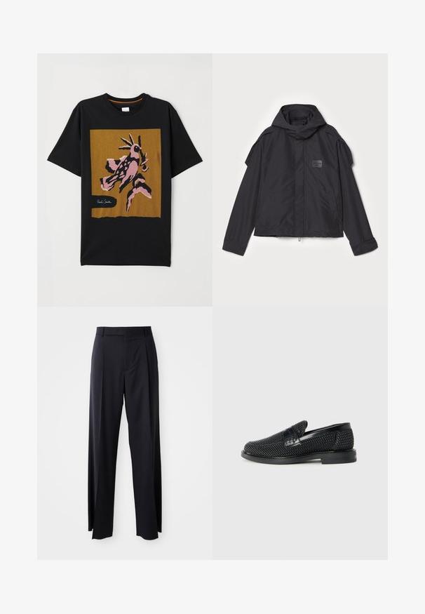 Fekete kapucnis dzseki, sima anyagból készült. Elöl zipzárral záródik, oldalsó zsebekkel és vállrész kiemelésekkel rendelkezik. Egyszerű dizájn jellemzi, címkével.; Fekete pamut póló, nagy, absztrakt rózsaszín és barna madár grafikával egy arany négyzetben, fehér "Paul Smith" logóval.; Fekete, magasan ültetett nadrág, széles szárai vannak, sima anyagból készült. Elülső redők és övhurkok jellemzik. Minimalista dizájn, látható fémalkatrészek nélkül.; Fekete szőtt slip-on cipő sima bőr díszítéssel a felsőrészen, kerek orral és alacsony profilos gumitalppal.