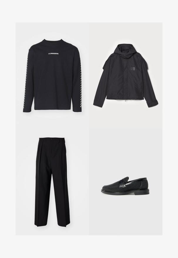 Mustatakki hupulla, valmistettu sileästä kankaasta. Ominaisuuksiin kuuluu vetoketjukiinnitys edessä, sivutaskut ja olkakorostukset. Yksinkertainen muotoilu, jossa on etiketti.; Pitkähihainen musta T-paita, joka on valmistettu puuvillasta. Paitassa on pyöreä pääntie ja rintaosassa J.Lindeberg-logo. Hihoissa on ruutukuvio.; Mustat laskostetut housut, joissa on suora, leveä lahje. Valmistettu sileästä kankaasta, jossa on nappisuljenta ja vyölenkit.; Musta kudottu liukupohjallinen kenka, jossa on sileä nahkakorostus päällisessä, pyöreä kärki ja matala kumipohja.