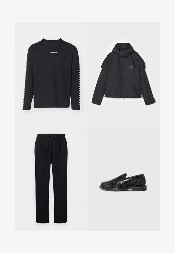 Musthaveheide mustaghuri hoodiga, valge catsosta. Omab esist zip ja külge taskud, õlavarre aksendid. Lihtne disain ja silt.; Pikad varrukad must T-särk, mis on valmistatud puuvillast, omab ümarat kaelust ja J.Lindebergi logo rinnal, varrukatel on ruuduline muster.; Mustadest siledast kangast püksid, millel on nööriga vöökoht, sirged sääred ja esiõmblused, mis loovad struktureeritud väljanägemise.; Must musta kootud slip-on king, millel on pehme nahast accent ülaserval, ümmargune varvas ja madal profiiliga kummitald.