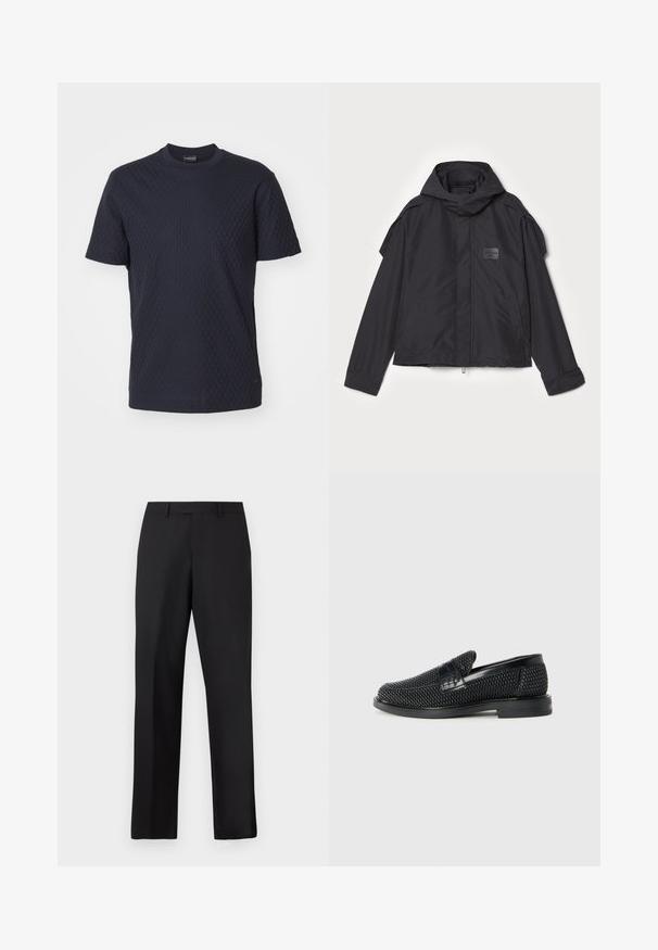 Black jacket with a hood, made of smooth fabric. Features a zip front, side pockets, and shoulder accents. Simple design with a label.; Emporio Armani Basic T-shirt - navy; Black, straight-leg trousers made of smooth fabric. Features a standard waistband and no visible patterns or accents.; Black woven slip-on shoe with a smooth leather accent on the upper, a round toe design, and a low-profile rubber sole.