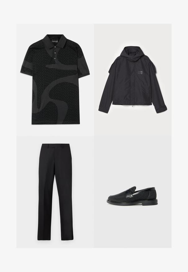 Czarna kurtka z kapturem, wykonana z gładkiego materiału. Posiada zamek z przodu, boczne kieszenie i akcenty na ramionach. Prosty design z metką.; Czarna koszulka polo z wzorem logo na całej powierzchni. Materiał jest gładki, ma klasyczny kołnierzyk i zapięcie na trzy guziki. Krótkie rękawy.; Czarne spodnie o prostych nogawkach wykonane z gładkiej tkaniny. Posiadają standardowy pas i nie mają widocznych wzorów ani zdobień.; Czarny, pleciony but wsuwany z gładkim skórzanym akcentem na cholewce, o okrągłym nosku i niskoprofilowej gumowej podeszwie.