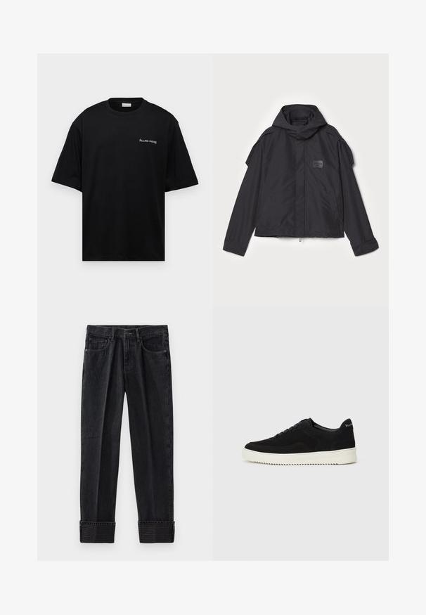 Čierna bunda s kapucňou, vyrobená z hladkej tkaniny. Obsahuje predný zips, bočné vrecká a ramenné akcenty. Jednoduchý dizajn so štítkom.; Čierne bavlnené tričko s voľným strihom, krátkymi rukávmi a bielym logom "FILLING PIECES" na ľavej hrudi. Hladká textúra.; Čierne džíny z denimu s voľným strihom, s rolovanými manžetami a embosovaným brandingom na leme. Klasický dizajn s piatimi vreckami a kontrastným prešívaním.; Čierne semišové tenisky s šnurovacím dizajnom a kontrastnou bielou gumovou podrážkou. Obsahujú štruktúrované bočné panely a jemné logo na päte.