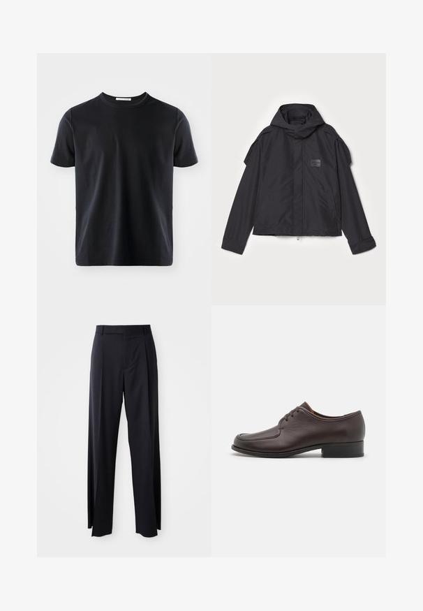 Fekete kapucnis dzseki, sima anyagból készült. Elöl zipzárral záródik, oldalsó zsebekkel és vállrész kiemelésekkel rendelkezik. Egyszerű dizájn jellemzi, címkével.; Fekete pamut póló kerek nyakkal és rövid ujjakkal. Simára szabott textúra, normál fazon, látható minták vagy díszítések nélkül.; Fekete, magasan ültetett nadrág, széles szárai vannak, sima anyagból készült. Elülső redők és övhurkok jellemzik. Minimalista dizájn, látható fémalkatrészek nélkül.; Barna bőr dresszcipő sima textúrával, kerek orral és zárt fűzős kialakítással. Alacsony, rétegelt sarkú, valamint diszkrét varrási részletekkel rendelkezik.