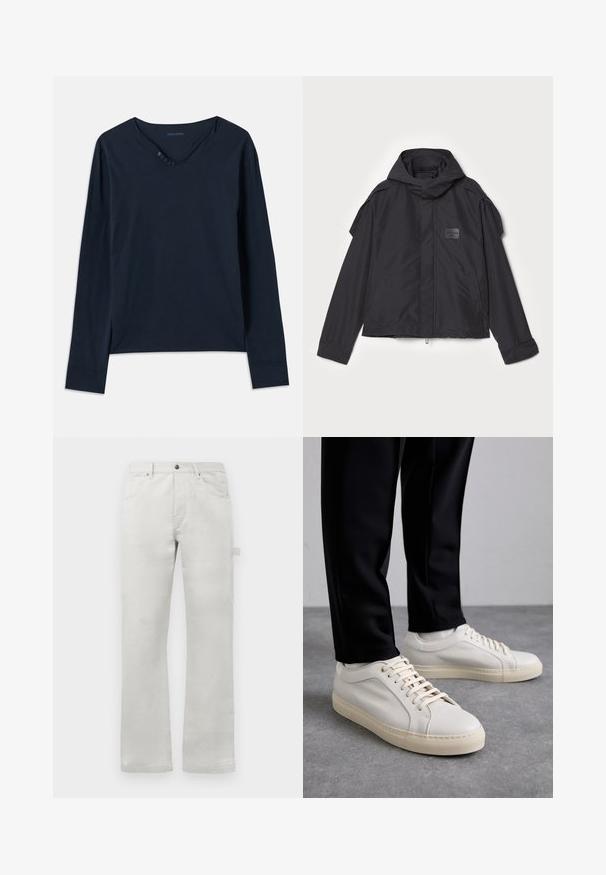 Sort jakke med hætte, lavet af glat stof. Har lynlåslukning foran, sidelommer og skulderdetaljer. Simpel design med et mærke.; Langærmet, marineblå T-shirt lavet af blød bomuld. Har en v-hals med fem knapper og subtile sideslidser ved kanten.; Lys grå bukser med en lige pasform, lavet af glat bomuldsstof, med forlommer og en sidelomme.; Lys beige lædersneakers med flade snørebånd, en tekstureret overflade og en kontrasterende cremelilla gummisål, båret med sorte tapered bukser.