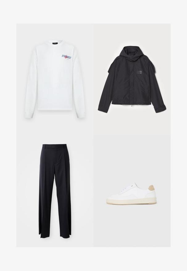 Black jacket with a hood, made of smooth fabric. Features a zip front, side pockets, and shoulder accents. Simple design with a label.; White long-sleeve shirt with blue and red DSQUARED2 logo on the left chest, crew neckline, and ribbed cuffs.; Black, high-waisted trousers with a wide-leg cut, made of smooth fabric. Features front pleats and belt loops. Minimalistic design, no visible hardware.; White low-top sneakers with a textured leather upper, cream ridged sole, and a tan heel accent. Features white laces and logo detail on heel.