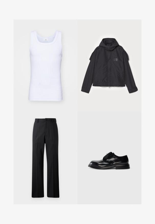 Jachetă neagră cu glugă, fabricată dintr-un material neted. Dispune de fermoar frontal, buzunare laterale și accente pe umeri. Design simplu cu etichetă.; Top din bumbac alb fără mâneci, cu un decolteu rotund, având o textură netedă și o formă ajustată, conceput pentru purtarea casual.; Pantaloni negri cu picioare drepte, cu bucle pentru curea, nasture frontal și închidere cu fermoar, expuși pe un fundal alb simplu.; Pantof cu toc din piele neagră, cu vârf rotunjit, finisaj neted, design cu șireturi și toc stratificat. Stil minimalist fără logo-uri vizibile.