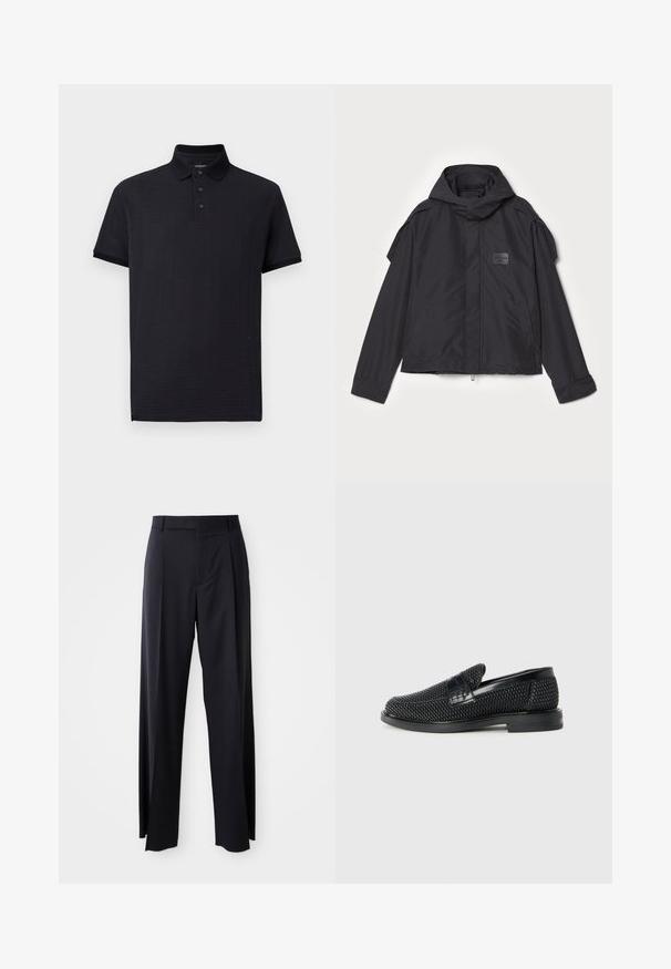Melna jaka ar kapuci, izgatavota no gludas auduma. Aprīkota ar rāvējslēdzēju priekšā, sānu kabatām un plecu akcentiem. Vienkāršs dizains ar etiķeti.; Melnas polo krekls ar reljefa rakstu, trīs pogu aizdari un klasisku apkakli. Īsas piedurknes un taisna apakšmala. Mīksts audums.; Melnas, augstās vidukļa bikses ar platām kājām, izgatavotas no gludas auduma. Iezīmē priekšējās krokas un jostas cilpas. Minimalistisks dizains, bez redzamām detaļām.; Melnas austas slaidu kurpes ar gludu ādas akcentu augšpusē, apaļas formas purngalu un zemas profila gumijas zoli.