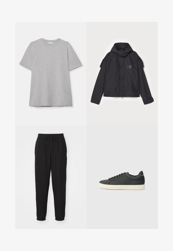 Černá bunda s kapucí, vyrobená z hladké tkaniny. Obsahuje zapínání na zip vpředu, boční kapsy a akcenty na ramenou. Jednoduchý design s štítkem.; Šedé tričko s krátkým rukávem vyrobené z měkké, texturované látky. Disponuje klasickým kulatým výstřihem a rovného lemu, vhodné pro každodenní nošení.; Černé joggingové kalhoty vyrobené z texturované tkaniny, s elastickým pasem a stahovací šňůrkou, a zúženými nohavicemi.; Černé kožené tenisky s nízkým profilem, zaoblenou špičkou a šněrováním; mají texturovanou gumovou podrážku a logo na patě.