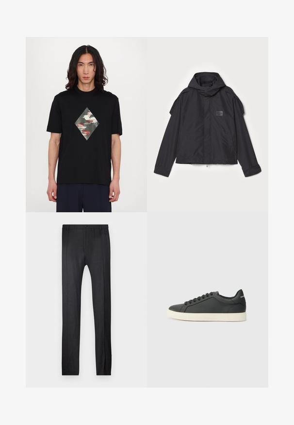 Black jacket with a hood, made of smooth fabric. Features a zip front, side pockets, and shoulder accents. Simple design with a label.; Black cotton t-shirt featuring a diamond-shaped graphic in muted colors with abstract patterns. Short sleeves and a crew neck design.; Emporio Armani TROUSER - Trousers - nero; Black leather sneaker with a low profile, rounded toe, and lace-up closure; features a textured rubber sole and logo detail on the heel.