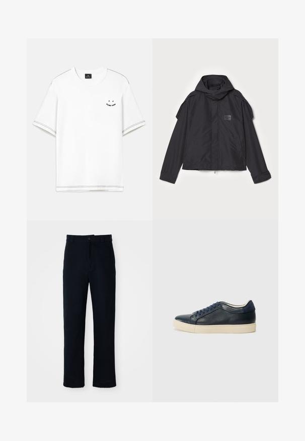 Jachetă neagră cu glugă, fabricată dintr-un material neted. Dispune de fermoar frontal, buzunare laterale și accente pe umeri. Design simplu cu etichetă.; T-shirt alb cu mâneci scurte, având accente negre cusute și un mic detaliu imprimat pe piept.; Pantaloni bleumarin din bumbac, cu un design drept, închidere frontală cu nasture și talie clasică cu bucle pentru curea.; Sneaker din piele de culoare albastră închisă, cu talpă din cauciuc crem, având șireturi albastre și o textură netedă. Vârful rotund și design minimalist.