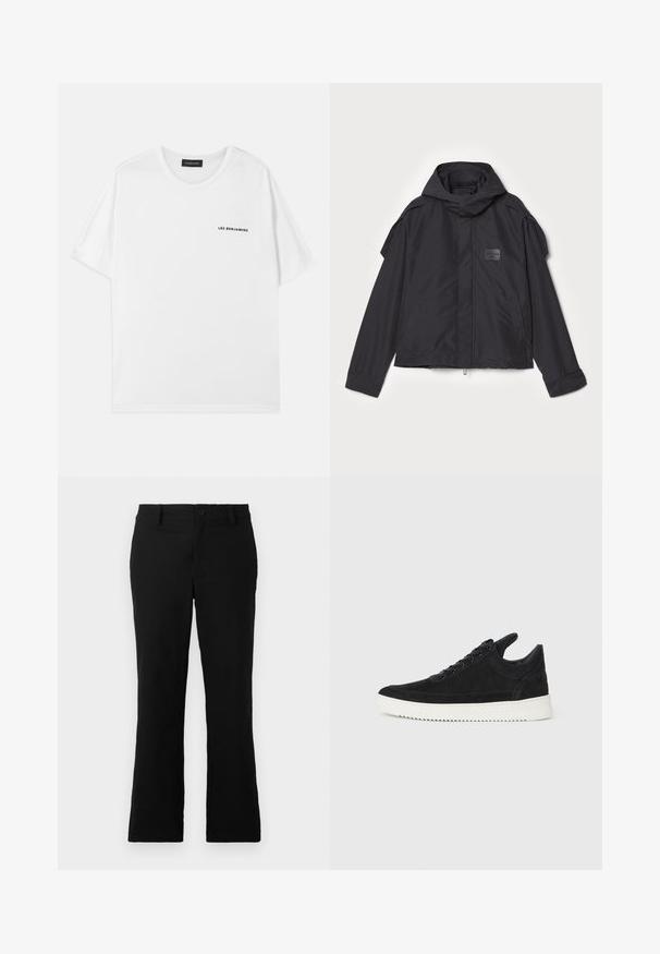 Czarna kurtka z kapturem, wykonana z gładkiego materiału. Posiada zamek z przodu, boczne kieszenie i akcenty na ramionach. Prosty design z metką.; Biała bawełniana koszulka z okrągłym dekoltem i krótkimi rękawami. Na lewej piersi znajduje się czarny napis "LES BENJAMINS".; Czarne spodnie z szerokimi nogawkami wykonane z mieszanki bawełny, z zapięciem na guzik, szlufkami na pasek oraz gładką teksturą bez widocznych wzorów.; Czarne zamszowe sneakersy z białą gumową podeszwą, z tonalnym przeszyciem i sznurowanym zapięciem. Gładka tekstura, nowoczesny, smukły kształt.