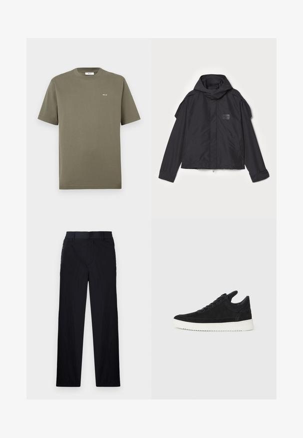 Sort jakke med hætte, lavet af glat stof. Har lynlåslukning foran, sidelommer og skulderdetaljer. Simpel design med et mærke.; Oliven grøn bomulds T-shirt, korte ærmer, rund hals, med lille hvid tekst "NN. 07" på venstre bryst, glat tekstur, normal pasform.; Sorte bukser i let, struktureret stof, med lige ben, elastisk talje og sidelommer med lynlås.; Sort ruskinds sneaker med en hvid gummisål, der har tonalt syet detalje og snørredesign. Glat tekstur med en moderne, strømlinet form.