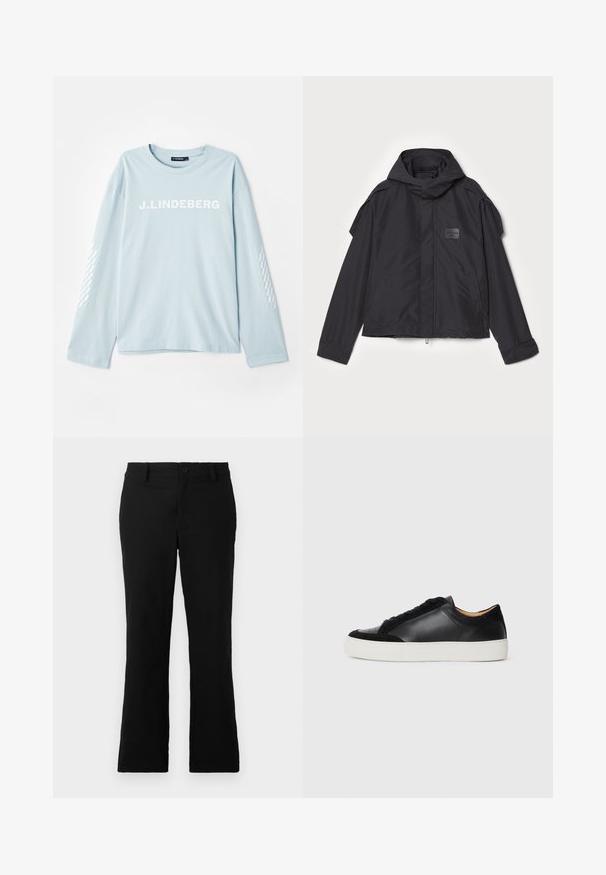 Black jacket with a hood, made of smooth fabric. Features a zip front, side pockets, and shoulder accents. Simple design with a label.; Light blue long-sleeve t-shirt in soft fabric, featuring “J. Lindeberg” logo in white on the front and a patterned accent on the sleeves.; Black flared trousers made of cotton blend fabric, featuring a button closure, belt loops, and a smooth texture with no visible patterns.; Black leather sneaker with suede accents, round toe, flat white rubber sole, and contrasting textures on the body and laces.