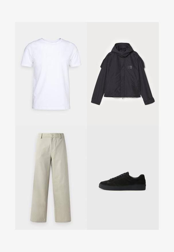 Sort jakke med hætte, lavet af glat stof. Har lynlåslukning foran, sidelommer og skulderdetaljer. Simpel design med et mærke.; Hvid kortærmet t-shirt i bomuldsstof med rund halsudskæring. Enkel design uden mønstre eller detaljer. Glat tekstur.; Han Kjøbenhavn WIDE LEG - Bukser - light grey; Sort semsket sneakers med en flad, tekstureret sål, rund tå, seks snørrehuller og et minimalistisk design.