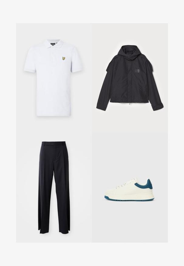 Mustatakki hupulla, valmistettu sileästä kankaasta. Ominaisuuksiin kuuluu vetoketjukiinnitys edessä, sivutaskut ja olkakorostukset. Yksinkertainen muotoilu, jossa on etiketti.; Valkoinen polo-paita, joka on valmistettu puuvillasta. Ominaisuuksiin kuuluu kaulus, kolme nappia ja vasemmassa rinnassa keltainen brodeerattu logo. Lyhyet hihat.; Musta, korkeavyötäröinen housupari, jossa on leveä lahje, valmistettu sileästä kankaasta. Edessä on laskokset ja vyölenkit. Minimalistinen muotoilu, ei näkyvää metalliosaa.; Valkoinen lenkkari, jossa on sileä pinta, siniset teksturoidut yksityiskohdat kauluksessa ja paksu pohja. Varustettu pyöreillä nauhoilla ja matalalla designilla.