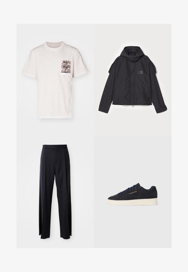 Black jacket with a hood, made of smooth fabric. Features a zip front, side pockets, and shoulder accents. Simple design with a label.; Cream cotton T-shirt with a crew neckline, short sleeves, and a chest pocket featuring a printed urban photo. Soft texture, relaxed fit.; Black, high-waisted trousers with a wide-leg cut, made of smooth fabric. Features front pleats and belt loops. Minimalistic design, no visible hardware.; Navy blue suede low-top sneaker with white sole, navy laces, and "Filling Pieces" logo in gold on the side.