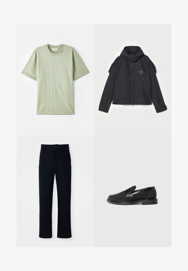 Giacca nera con cappuccio, realizzata in tessuto liscio. Presenta una chiusura frontale con zip, tasche laterali e dettagli sulle spalle. Design semplice con un'etichetta.; T-shirt in cotone verde chiaro con maniche corte, colletto rotondo e piccolo logo bianco sul petto. Tessuto morbido, vestibilità casual e design minimalista.; Pantaloni color blu navy in cotone, con design a gamba dritta, chiusura con bottone frontale e vita classica con passanti per cintura.; Scarpa nera a mocassino intrecciata con un accentuato in pelle liscia sulla parte superiore, design a punta rotonda e suola in gomma a profilo basso.