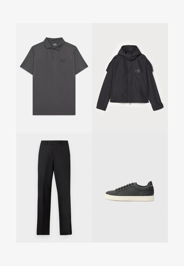 Czarna kurtka z kapturem, wykonana z gładkiego materiału. Posiada zamek z przodu, boczne kieszenie i akcenty na ramionach. Prosty design z metką.; Ciemnoszara koszulka polo z krótkim rękawem, zapinana na trzy guziki, z subtelnym logo EA7 Emporio Armani na lewej piersi.; Czarne spodnie o prostych nogawkach wykonane z gładkiej tkaniny. Posiadają standardowy pas i nie mają widocznych wzorów ani zdobień.; Czarne skórzane trampki o niskim profilu, z zaokrąglonym noskiem i sznurowanym zapięciem; posiadają teksturowaną gumową podeszwę oraz detal z logo na pięcie.