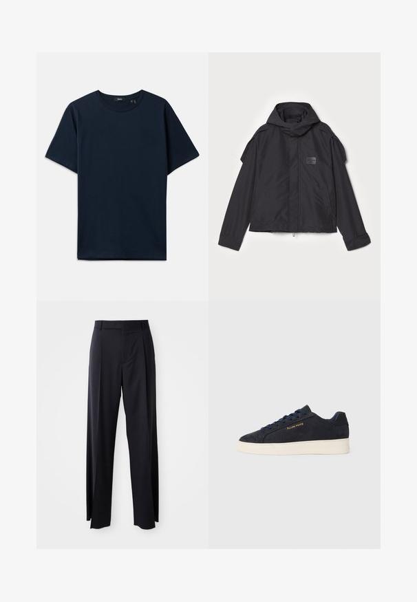 Jachetă neagră cu glugă, fabricată dintr-un material neted. Dispune de fermoar frontal, buzunare laterale și accente pe umeri. Design simplu cu etichetă.; Tricou din bumbac de culoare albastru marin cu mâneci scurte, decolteu rotund și o croială lejeră. Design minimalist, fără modele sau accente vizibile.; Pantaloni negri, cu talie înaltă și croi evazat, dintr-un material fin. Prezintă pliseuri frontale și buzunare cu curea. Design minimalist, fără accesorii vizibile.; Adidași cu talpă joasă din suede bleumarin, cu talpă albă, șireturi bleumarin și logo-ul 'Filling Pieces' în aur pe lateral.