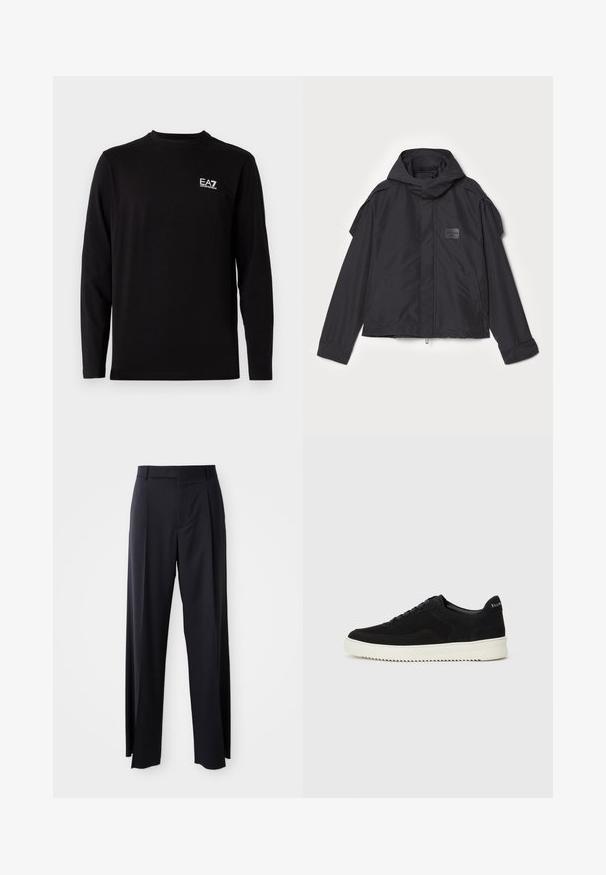 Juodas švarkas su kapišonu, pagamintas iš lygios medžiagos. Yra užtrauktukas priekyje, šoninės kišenės ir pečių akcentai. Paprastas dizainas su etikete.; Juodas ilgomis rankovėmis marškinis, pagamintas iš minkštos medžiagos. Pirmame kairiajame krūtinės kampe yra mažas baltas logotipas. Paprastas apvalus iškirpimas ir tiesus kirpimas.; Juodi, aukštai užtraukiami kelnių modeliai su plačiomis kojomis, pagaminti iš lygaus audinio. Yra priekiniai raukšlės ir diržo kilpos. Minimalistinio dizaino, be matomų detalių.; Juodos veliūrinės sportinės bateliai su raištelių dizainu ir kontrastinga balta gumine padais. Yra tekstūruoti šoniniai skydeliai ir subtilus logotipas ant kulno.