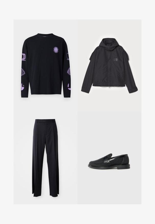 Mustatakki hupulla, valmistettu sileästä kankaasta. Ominaisuuksiin kuuluu vetoketjukiinnitys edessä, sivutaskut ja olkakorostukset. Yksinkertainen muotoilu, jossa on etiketti.; Mustat pitkähihainen t-paita, jossa on violetit graafiset painatukset rinnassa ja hihoissa. Valmistettu sileästä kankaasta. Pyöreä pääntie.; Musta, korkeavyötäröinen housupari, jossa on leveä lahje, valmistettu sileästä kankaasta. Edessä on laskokset ja vyölenkit. Minimalistinen muotoilu, ei näkyvää metalliosaa.; Musta kudottu liukupohjallinen kenka, jossa on sileä nahkakorostus päällisessä, pyöreä kärki ja matala kumipohja.