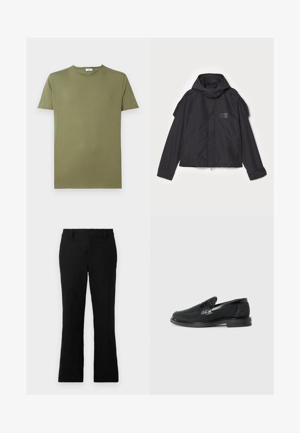 Čierna bunda s kapucňou, vyrobená z hladkej tkaniny. Obsahuje predný zips, bočné vrecká a ramenné akcenty. Jednoduchý dizajn so štítkom.; Olivovo zelené tričko vyrobené z jemnej bavlny, s klasickým okrúhlym výstrihom a krátkymi rukávmi. Materiál má hladkú, rovnomernú štruktúru.; Čierne rozšírené nohavice z bavlnenej zmesi, s gombíkovým zapínaním, pútkami na opasok a hladkým povrchom bez viditeľných vzorov.; Čierne tkané slip-on topánky s hladkým koženým akcentom na vrchnej časti, s okrúlym dizajnom špičky a nízkoprofilovou gumovou podrážkou.