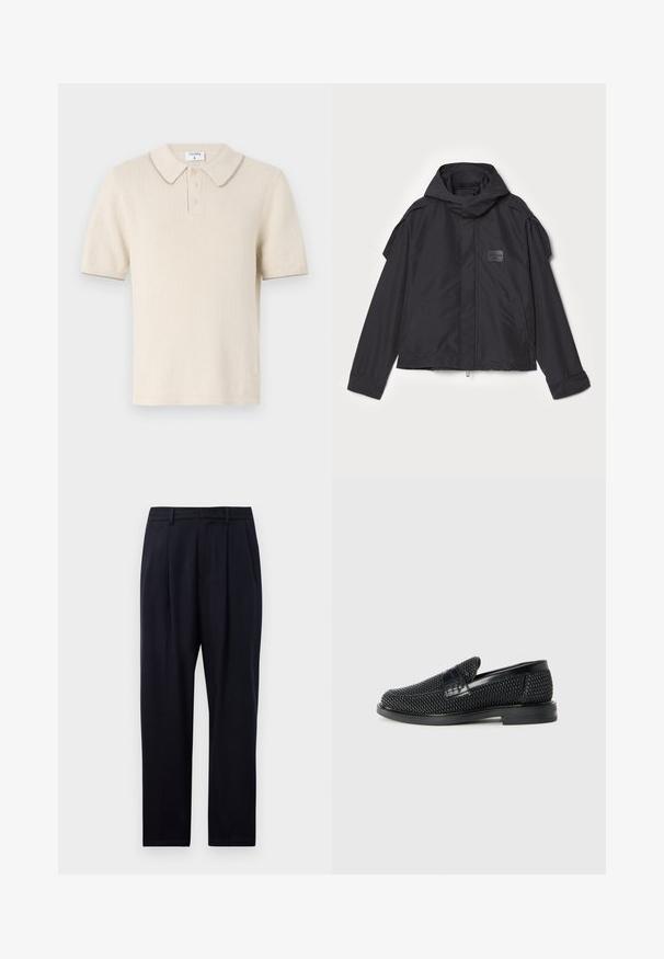 Černá bunda s kapucí, vyrobená z hladké tkaniny. Obsahuje zapínání na zip vpředu, boční kapsy a akcenty na ramenou. Jednoduchý design s štítkem.; Krémové polo tričko s krátkými rukávy, žebrovanou strukturou, zapínáním na tři knoflíky a kontrastním límcem. Materiál vypadá měkký a lehký.; Námořnické modré kalhoty rovného střihu, s texturovanou tkaninou, dvěma předními sklady, poutky na opasek a zapínáním na zip.; Černé pletené nazouvací boty s hladkým koženým akcentem na svršku, kulatou špičkou a nízkoprofilovou gumovou podrážkou.