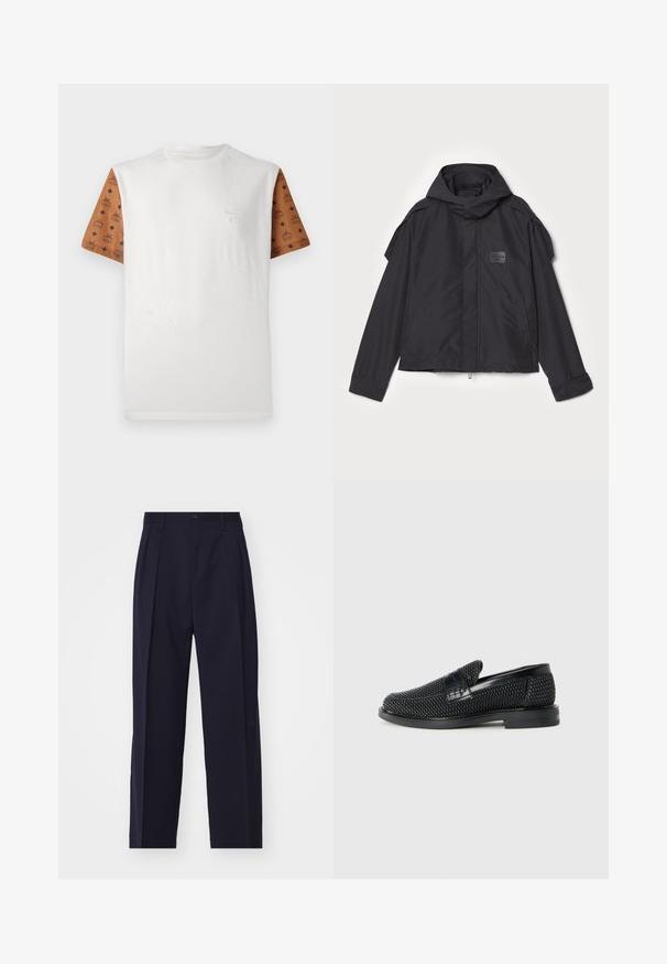 Musthaveheide mustaghuri hoodiga, valge catsosta. Omab esist zip ja külge taskud, õlavarre aksendid. Lihtne disain ja silt.; Lühikeste varrukatega T-särk, millel on valge keha ja mustriga pruunid varrukad, kus on korduv must kujundus. Üksikasjalik logo rinna peal.; Tumed sinine, kohandatud püksid sirge lõikega, voldid ees, nupuga sulgemine ja nähtamatud taskud. Sile kangas.; Must musta kootud slip-on king, millel on pehme nahast accent ülaserval, ümmargune varvas ja madal profiiliga kummitald.