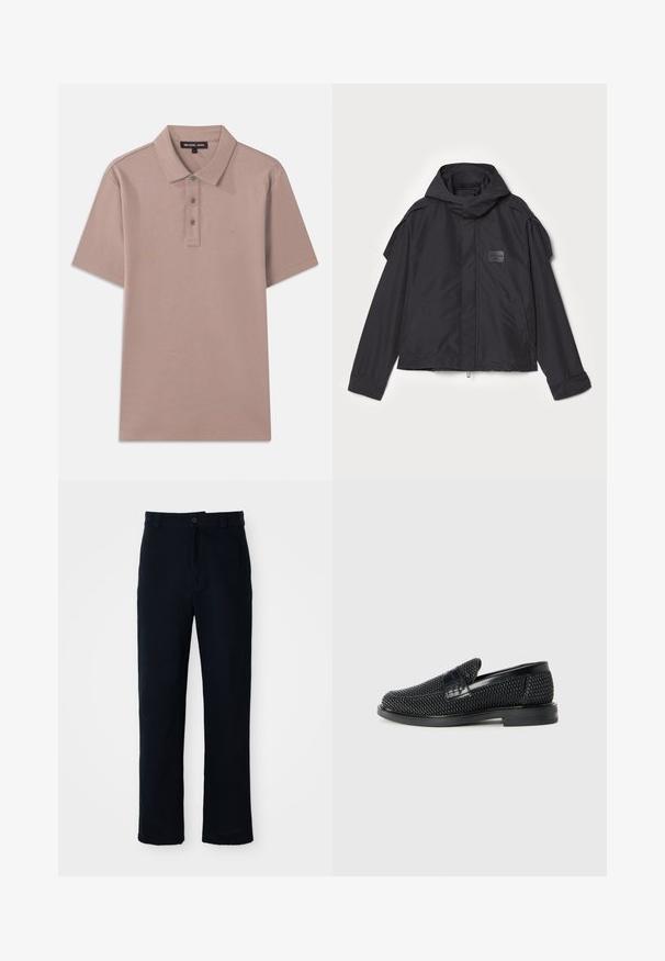 Fekete kapucnis dzseki, sima anyagból készült. Elöl zipzárral záródik, oldalsó zsebekkel és vállrész kiemelésekkel rendelkezik. Egyszerű dizájn jellemzi, címkével.; Világosbarna anyagú pólóing rövid ujjakkal, három gombos gombolással és hímzett "MK" logóval a mellkason. Sima textúra.; Sötétkék pamut nadrág, egyenes szárú fazonnal, elülső gombos záródással és klasszikus derékkal, övhurkokkal.; Fekete szőtt slip-on cipő sima bőr díszítéssel a felsőrészen, kerek orral és alacsony profilos gumitalppal.