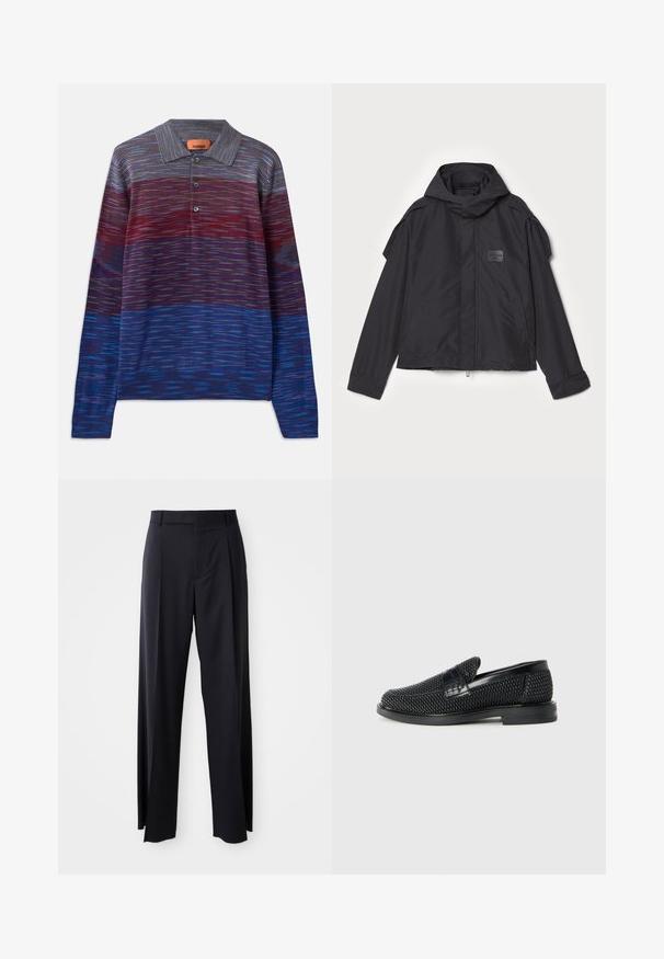 Μαύρο μπουφάν με κουκούλα, κατασκευασμένο από λεία ύφανση. Διαθέτει φερμουάρ μπροστά, πλάγιες τσέπες και διακρίσεις στους ώμους. Απλός σχεδιασμός με ετικέτα.; Μακρυμάνικο polo πουκάμισο σε gradient από κόκκινο σε μπλε αποχρώσεις. Ριγωτό σχέδιο με κολάρο και τρεις κουμπάκια. Απαλή υφή υφάσματος.; Μαύρο παντελόνι ψηλόμεσο με φαρδιά γραμμή, κατασκευασμένο από απαλό ύφασμα. Διαθέτει πιέτες εμπρός και θηλιές ζώνης. Μινιμαλιστικός σχεδιασμός, χωρίς ορατά αξεσουάρ.; Μαύρο πλεκτό παπούτσι slip-on με λείο δερμάτινο στοιχείο στο άνω μέρος, στρογγυλή μύτη και χαμηλό καουτσούκ πάτο.