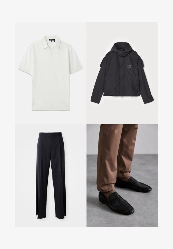Juodas švarkas su kapišonu, pagamintas iš lygios medžiagos. Yra užtrauktukas priekyje, šoninės kišenės ir pečių akcentai. Paprastas dizainas su etikete.; Baltas trumpas rankovėmis polo marškinėliai su tekstūruotu raštu, V formos apykakle ir minkšta medžiaga. Pasirinkti subtilūs, švarūs linijų bruožai ir laisvas siluetas.; Juodi, aukštai užtraukiami kelnių modeliai su plačiomis kojomis, pagaminti iš lygaus audinio. Yra priekiniai raukšlės ir diržo kilpos. Minimalistinio dizaino, be matomų detalių.; Juodi loaferiai su tekstūruota forma, suapvalintu pirštu ir žemu profiliu. Dėvimi su tan spalvos kelnėmis ant pilkos paviršiaus.