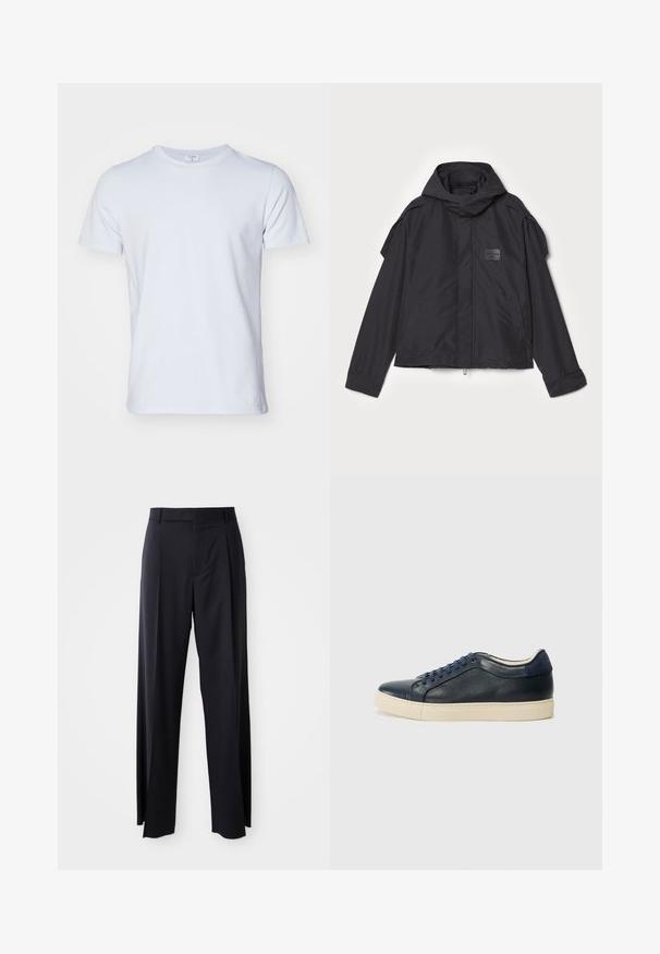 Černá bunda s kapucí, vyrobená z hladké tkaniny. Obsahuje zapínání na zip vpředu, boční kapsy a akcenty na ramenou. Jednoduchý design s štítkem.; Filippa K TEE - Jednoduché tričko - ice blue; Černé kalhoty s vysokým pasem a širokým střihem, vyrobené z hladké látky. Mají přední sklady a poutka na opasek. Minimalistický design, bez viditelného kovového hardwaru.; Námořnické modré kožené tenisky s krémovou gumovou podrážkou, s modrými tkaničkami a hladkým povrchem. Kulatá špička a minimalistický design.