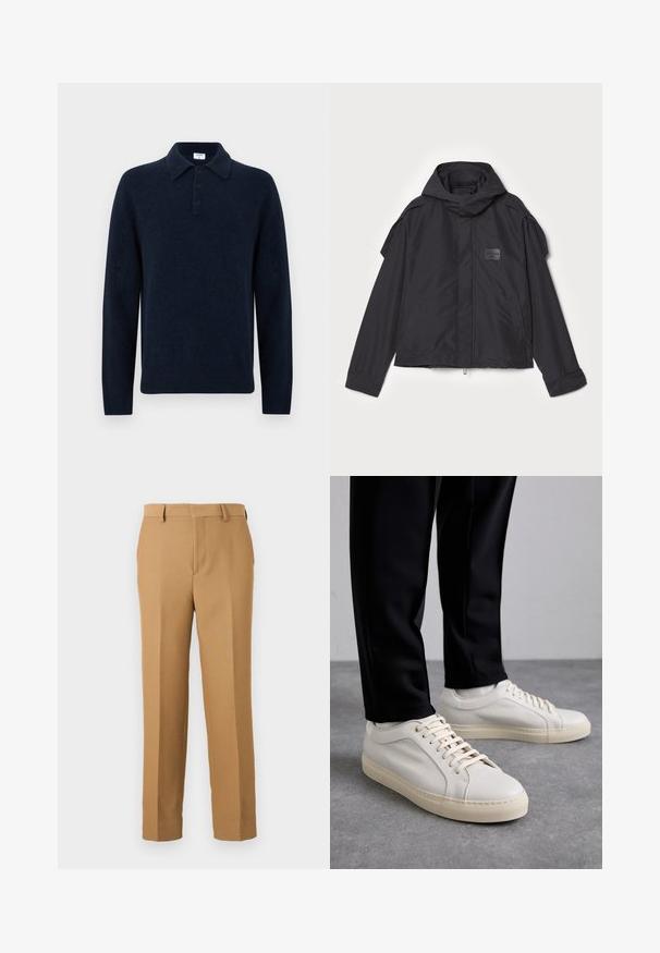 Musthaveheide mustaghuri hoodiga, valge catsosta. Omab esist zip ja külge taskud, õlavarre aksendid. Lihtne disain ja silt.; Tumedat sinise värviga pika varrukaga kudumispolo särk, millel on kolm nuppu ja volditud krae, esitleb valget tausta.; Beige dressipüksid, mis on valmistatud kootud kangast, sirge lõikega, lapikud ees ja vöökohaga silmad. Sujuv tekstuur, ilma nähtavate mustriteta.; Kergedbežsest nahkkingad lamepaeltega, reljeefse pinnaga ja kontrastse kreemivärvi kummitallaga, kombineeritud mustade kitsaste pükstega.