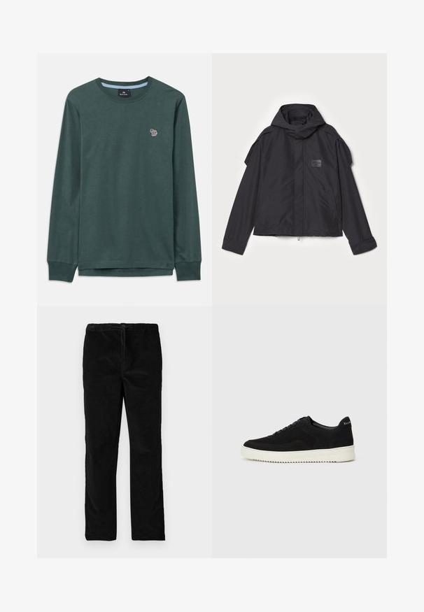 Mustatakki hupulla, valmistettu sileästä kankaasta. Ominaisuuksiin kuuluu vetoketjukiinnitys edessä, sivutaskut ja olkakorostukset. Yksinkertainen muotoilu, jossa on etiketti.; Pitkähihaisen tummanvihreän pyöreäkauluksisen paidan, jossa on pieni monivärinen seepra-logo vasemmassa rinnassa ja joustavat hihansuut.; Mustat suorat samettihousut, joissa on joustava vyötärö ja etulenkki, esillä yksinkertaisen valkoisen taustan edessä.; Mustat mokkakengät nauhoilla ja kontrastivalkoisella kumipohjalla. Varustettu teksturoiduilla sivupaneeleilla ja huomaamattomalla brändäyksellä kantapäässä.