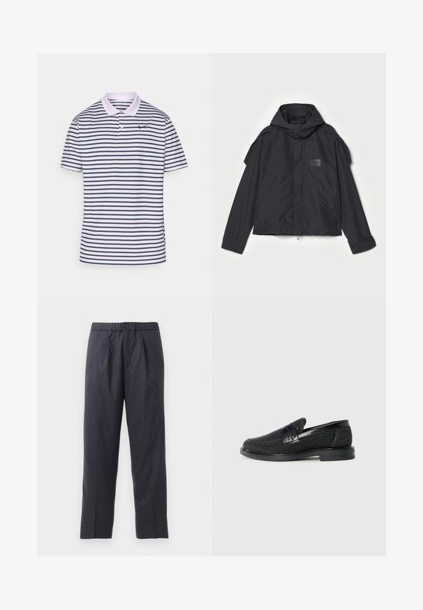 Black jacket with a hood, made of smooth fabric. Features a zip front, side pockets, and shoulder accents. Simple design with a label.; Striped polo shirt in white and navy, made of cotton blend. Features a collar, two buttons, and a small black Nike logo on the chest.; Dark navy trousers made of soft fabric with a pleated front design and elastic waistband. Features a button closure and straight-leg cut.; Black woven slip-on shoe with a smooth leather accent on the upper, a round toe design, and a low-profile rubber sole.