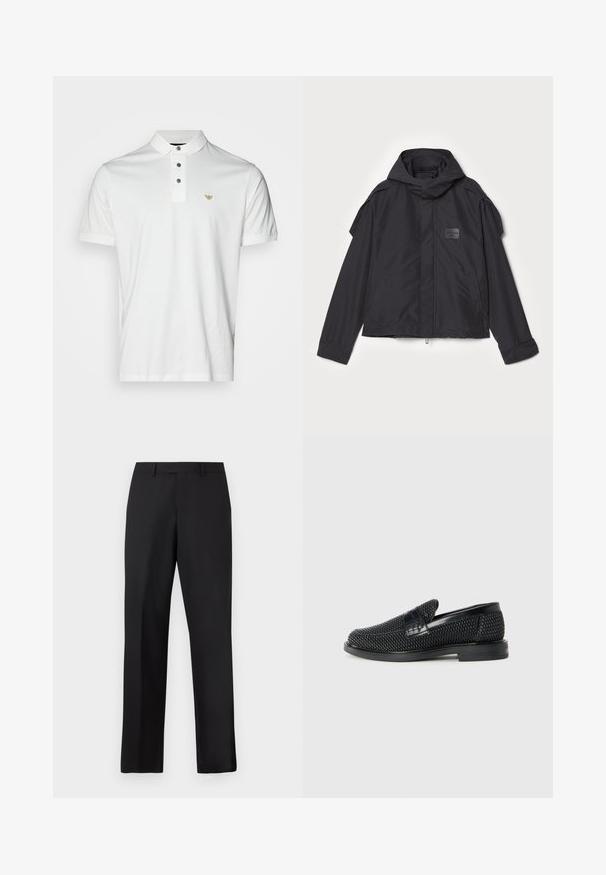 Czarna kurtka z kapturem, wykonana z gładkiego materiału. Posiada zamek z przodu, boczne kieszenie i akcenty na ramionach. Prosty design z metką.; Emporio Armani - Koszulka polo; Czarne spodnie o prostych nogawkach wykonane z gładkiej tkaniny. Posiadają standardowy pas i nie mają widocznych wzorów ani zdobień.; Czarny, pleciony but wsuwany z gładkim skórzanym akcentem na cholewce, o okrągłym nosku i niskoprofilowej gumowej podeszwie.