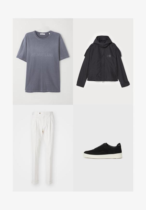Black jacket with a hood, made of smooth fabric. Features a zip front, side pockets, and shoulder accents. Simple design with a label.; Grey cotton T-shirt with short sleeves, round neckline, featuring embossed "HELMUT LANG" logo across the front. Soft texture, casual fit.; White, tailored trousers with a flat front, two pleats, and rolled cuffs. Made of a smooth fabric with a button closure at the waist.; Black suede sneaker with lace-up design and contrasting white rubber sole. Features textured side panels and subtle branding on the heel.