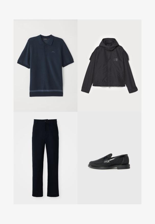 Černá bunda s kapucí, vyrobená z hladké tkaniny. Obsahuje zapínání na zip vpředu, boční kapsy a akcenty na ramenou. Jednoduchý design s štítkem.; Námořnická modrá polo košile s texturovanou tkaninou, krátkými rukávy, knoflíkovou légou a jemným logem na hrudi. Obsahuje kontrastní lemování na spodním okraji.; Námorně modré kalhoty vyrobené ze 100 % bavlny, s rovnými nohavicemi, předním zapínáním na knoflík a klasickým pasem s poutky na pásek.; Černé pletené nazouvací boty s hladkým koženým akcentem na svršku, kulatou špičkou a nízkoprofilovou gumovou podrážkou.